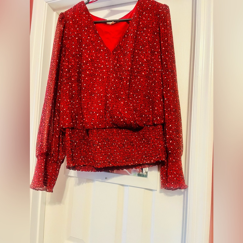 Red V-Neck Blouse with Floral Pattern
